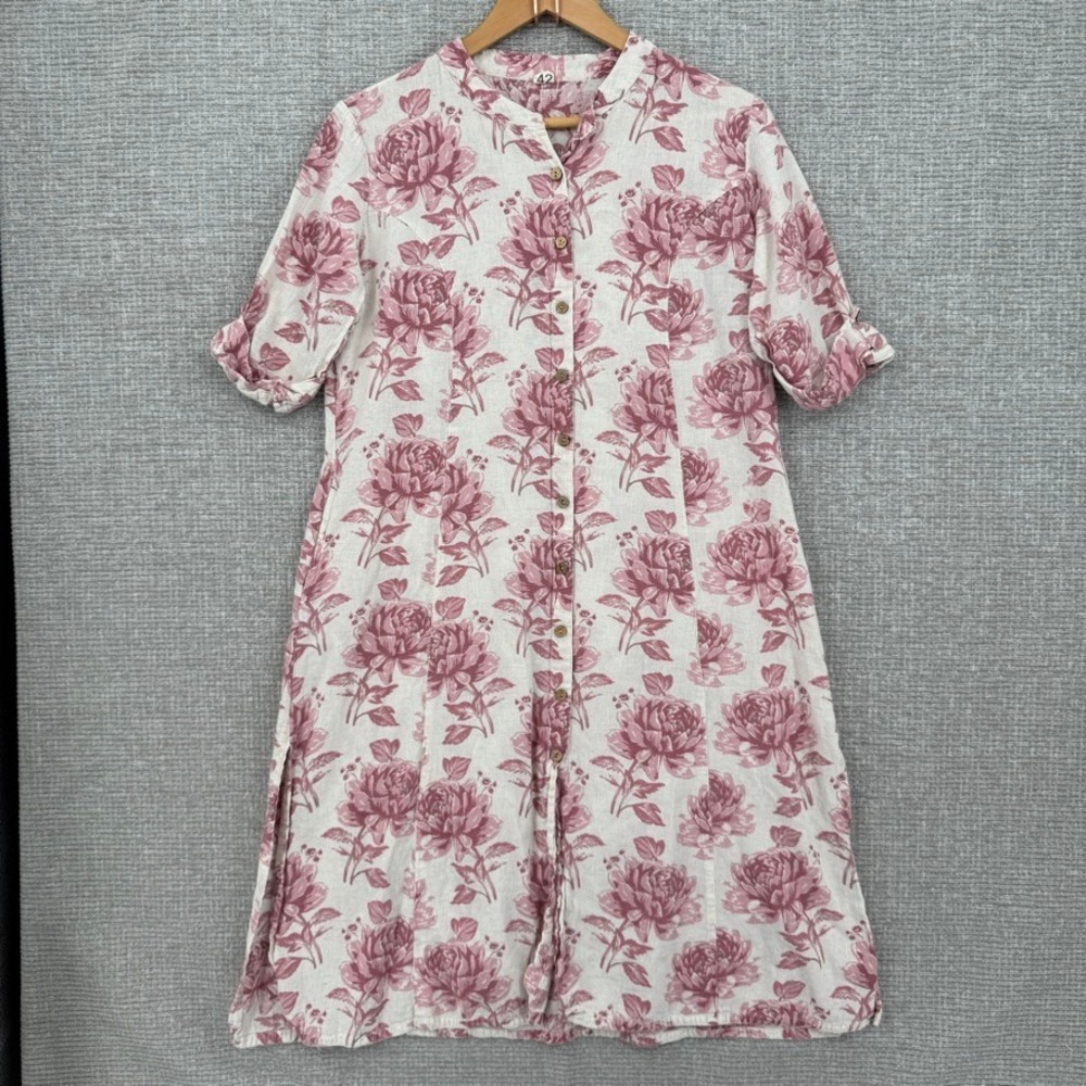 Linen Blend Floral Button Down Dress Womens Large Flowy Cottage Boho Granny
